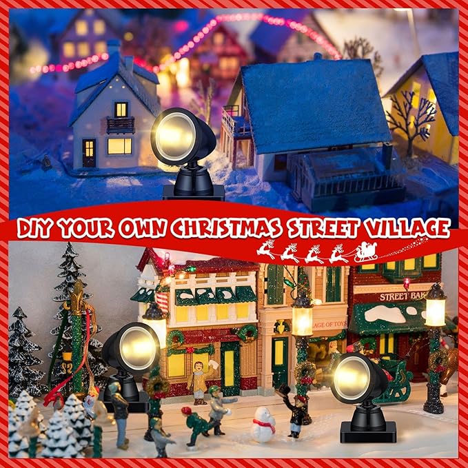 Kingdder 4 in 1 Accessories for Villages Building Light Christmas Village Collection Round Spotlights Battery Operated LED Light with Switch for Christmas Landscape(Warm White,4 Pcs)