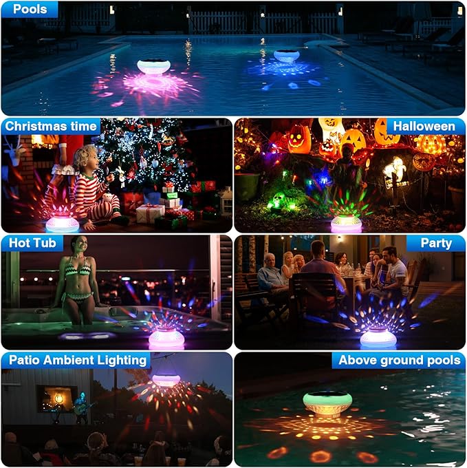 Solar Pool Chlorine Floater with Colorful Lights(2 Pack), 2600mAh Adjustable Release Easy-Open Chlorine Floater Dispenser, 6.69 Inch 13 Colors IP68 Waterproof Pool Chlorine Dispenser for Pools