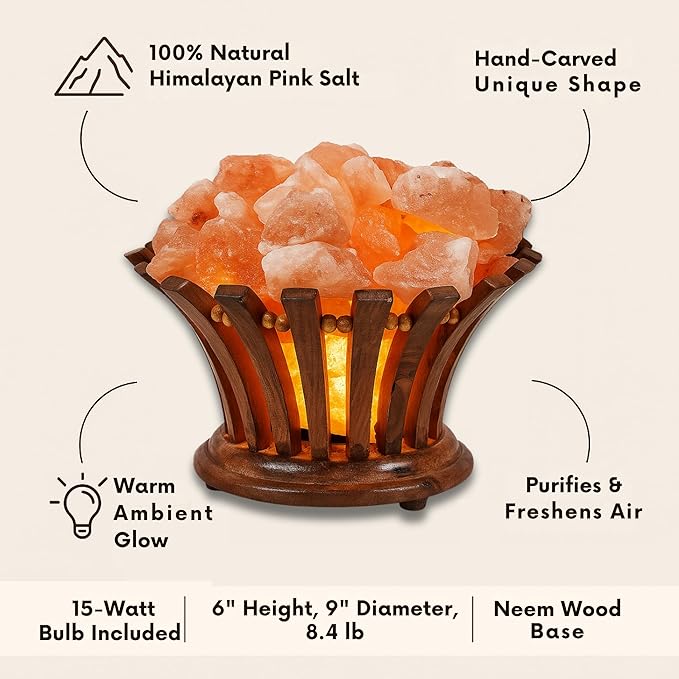Himalayan Salt Lamp Basket – Salt Lamp with Wooden Bowl – Authentic Himalayan Crystal Night Light – Natural Pink Rock for Bedroom, Living Room, Office and Decor Gift