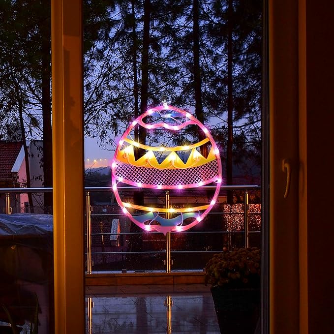 LAMPHOME 17" Lighted Pink with Yellow Chevron Stripe Easter Egg Window Silhouette