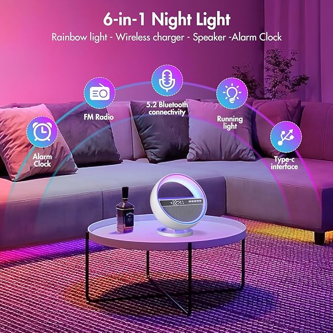 Mood Lamp with Up to 15W Wireless Charger, 6 in 1 Smart Alarm Clock, Bluetooth Speaker, LED Table Lamp with 12 RGB Colors, Bedside Nightstand Lamp, Modern Desk Lamp Gift - G5