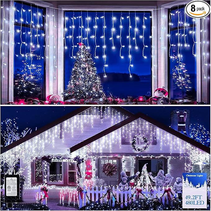 480 LED 49FT Christmas Lights Plug in 8 Modes with Timer Dimmable Ice Lights Outdoor Waterproof Indoor Ice String Lights for Roof Porch Garden Holiday Wedding Xmas Decor (Cool White)