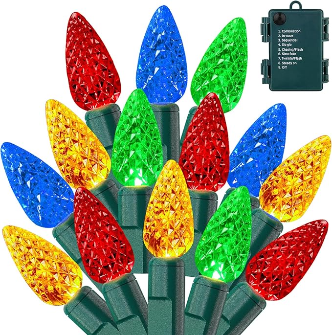 50LED C6 Christmas Lights Battery Operated, 16.4FT C6 Christmas Lights Battery Powered with Timer, 8 Modes, Waterproof for Outdoor Garden Patio Indoor Xmas Tree Bedroom Party, Multi-Color