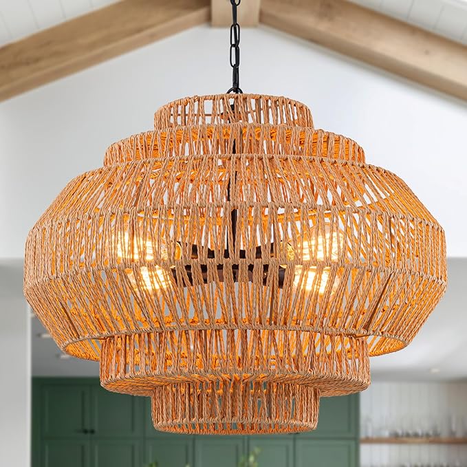 23.6‘’ Rattan Chandelier Dinning Room Pendant Light Fixture Boho Chandelier Boho Hanging Light Large Basket Light Woven Rattan Pendant Light for Kitchen Island Bedroom Farmhouse Living Room