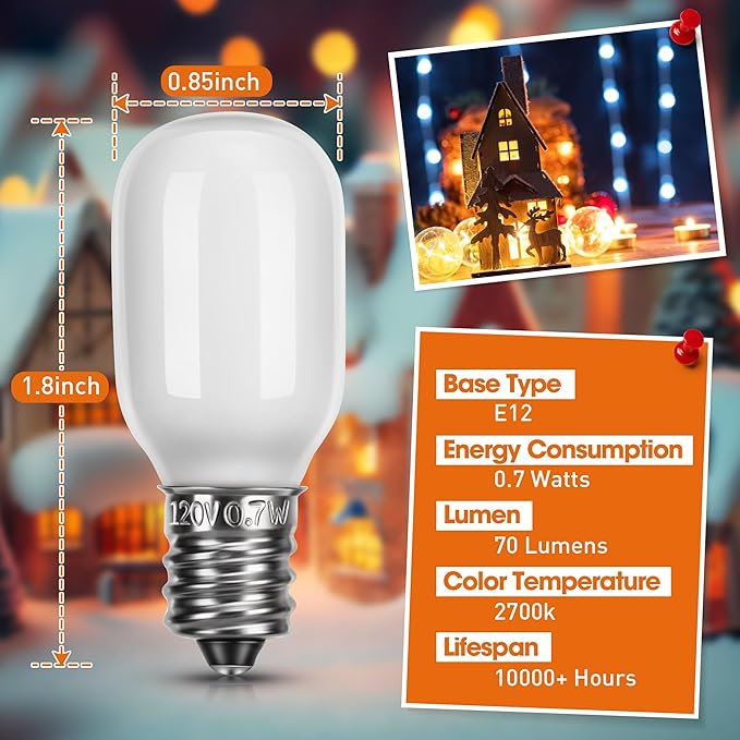Leelosp 2 Pcs Christmas Village Lights, 3 Base C7 String Bulbs Christmas Village Light Cord with ON/Off Switch Spare Fuse, 9.8ft Blow Mold Light Kit for Xmas Mini House, Ceramic Crafts Decor