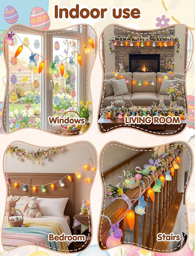 Easter Bunny Carrot String Lights, 8.5Ft Plug in Fairy Lights with 10 LED Rabbit and Carrot Lights, Cute Spring Decor for Home Bedroom Garden Party Indoor Outdoor Decorations
