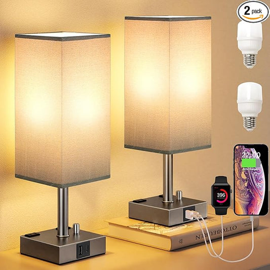 aooshine Grey Fully Dimmable Nightstand Lamps Set of 2 - Table Bedside Lamp with USB C+A Charging Ports & 2 AC Outlets, Square Lamp Sets Linen Fabric Shade for Bedroom Living Room(Bulb Included)