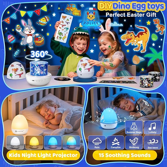 Easter Egg Light for Nursery Sound Machine | 15 Sleeping Sounds+12HD Films+7 Colors+360°Rotating | Easter Gifts for Kids Primal Hatch Dinosaur Egg Night Light for Nursery Boy Toys Hatch Sound Machine