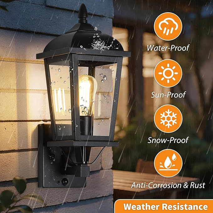 2-Pack Motion Sensor Outdoor Wall Lantern, Dusk to Dawn Outside Modern Lighting Fixtures, Black Exterior Porch Lamp Lighting, Waterproof Outdoor Wall Sconce for Patio (Black Cover)