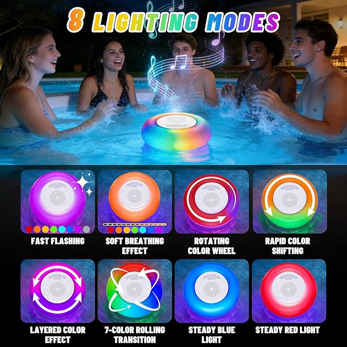 Floating Bluetooth Pool Speaker with 8 RGB Lights,IP68 Waterproof, 360° Hi-Fi Sound, Long Battery Playtime, Hands-Free Call, Outdoor Hot Tub Spa Speaker for Pool Party, Shower & Beach, 2 Packs