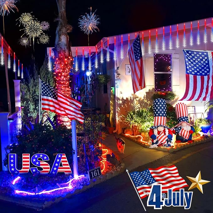 KNONEW 40 Tube 1120 LED Red White and Blue Lights 4th of July Decorations, Plug in Meteor Shower Lights Waterproof Outdoor Light for Independence Day House Tree Party Decor