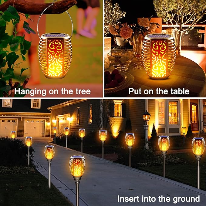 Solar Tiki Torches Outdoor Flickering Flame 4 Pack - Realistic Flaming Fire Effect Torch Lights, 3-in-1 Waterproof Detachable Hanging Lantern - Auto On/Off for Patio, Yard, Pathway Decor