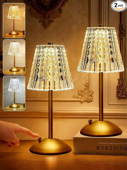 Upgraded Nightstand Lamps Set of 2, 3 Colors Dimmable Crystal Table Lamp Gold Lamp, Touch Lamp Bedroom Lamps, Rechargeable Small Lamp, Bedside Lamps Set of 2 for Bedroom Living Room Bathroom Hotel Bar