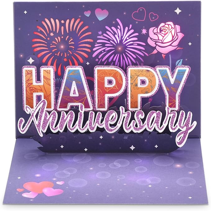 LIGHTS & FIREWORKS Pop Up Anniversary Cards for Couple, Romantic Flower Greeting Card for Wife, Wedding Anniversary Cards for Her with Envelop