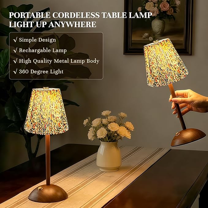 Small Vintage Cordless Table Lamp,3000mAh Rechargeable Battery Operated Desk Lamp,3 Color Stepless Dimming Up LED Flower Night Light for Bedroom Living Room Patio Camping Restaurant Home Coffee Shop