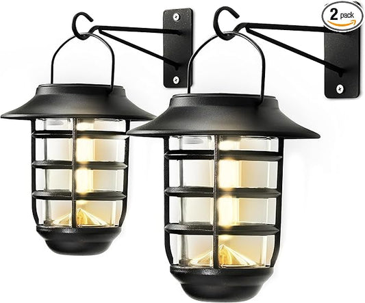 Home Zone Security 2-Pack Solar Wall Hanging Lights LiFePO4 Battery 3000K Warm 20lm Up to 12 Hours Dawn Motion Sensor Auto, IP65 Waterproof, No Wiring Required, Aluminum and Glass Construction