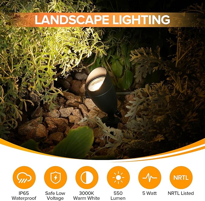 LUTEC 12V Low Voltage Landscape Lighting, Die-cast Aluminum Spot Lights with Connectors, IP65 Waterproof Outdoor Landscape Spotlights, 5W 550LM Warm White 3000K for Tree Garden Yard Pathway, 8 Pack