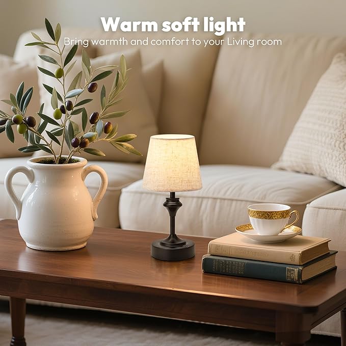 NIORSUN Portables Cordless Table Lamp Set of 2,10.2" Flaxen Fabric Shade Battery Operated Lamp,5200mAh Bedside Table Lamp with Warm White,3 Way Dimmable Touch Desk Lamp for Living Room (Black)