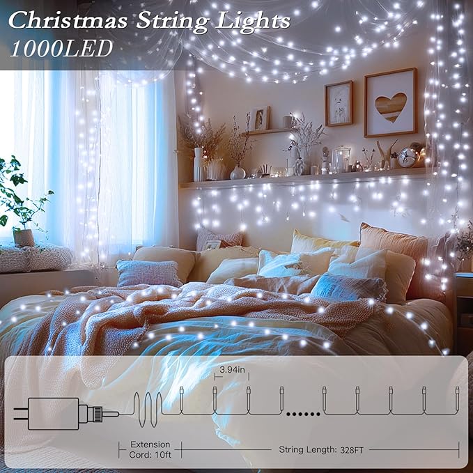 328FT 1000 LED Christmas Tree Lights, Bright Cool White Outdoor Christmas String Lights for House, Fairy Lights with 8 Modes, Waterproof & Durable Indoor Outdoor Decor, Timer Included