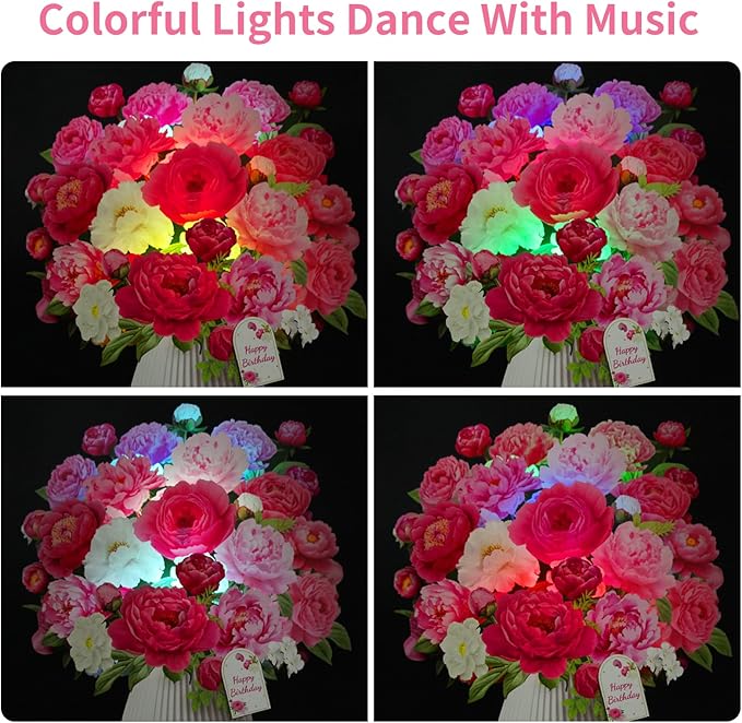 Birthday Cards with MUSIC & LIGHTS, Pop Up Happy Birthday Cards, Pink Penoy, 10 Inch Life Sized Forever Flower Bouquet Greeting Card Gifts for Women Mom Grandma