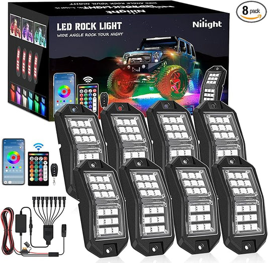 Nilight RGB LED Rock Lights Kit 8 PCS 18LED Wide Angle Wheel Well Light with Remote & Bluetooth App Dual Control Multi Modes Underglow Multicolor Neon Pod for ATV UTV SUV Offroad Truck RZR Boat