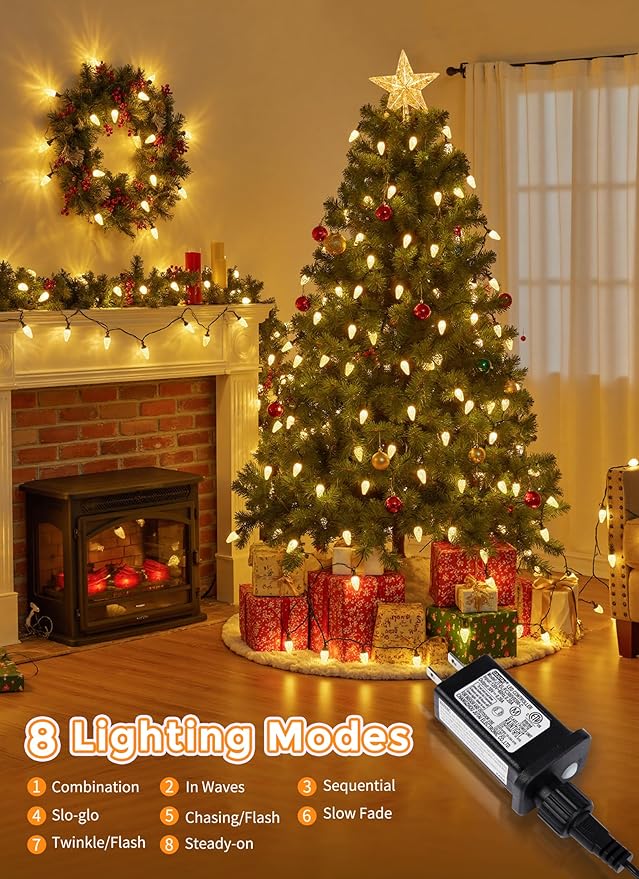 C9 LED Christmas Lights Outdoor, 81 Feet 100 LED String Light with Timer & 8 Lighting Mode, Waterproof Commercial Grade Christmas Tree Lights for Outside Indoor Roofline Patio, Warm White|2 Pack