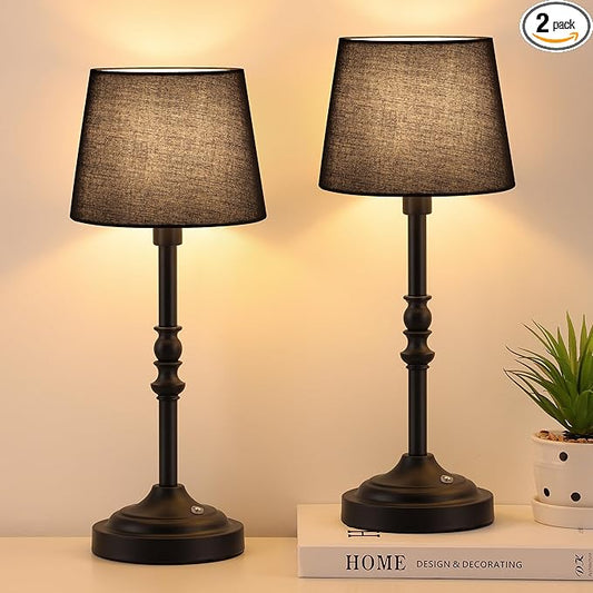 GGOYING Set of 2 Rechargeable Cordless LED Table Lamps, 4-Level Dimmer, Black Portable Desk Lamps with Black Fabric Shades, Night Light for Dining, Bedroom and Patio
