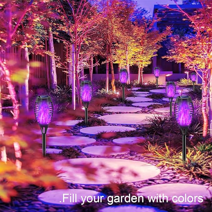 16 Pack Solar-Powered Flashlight Torches for Outdoor use, Dancing and Flickering Flame Torches for Landscape Decoration, Suitable for Paths, lawns, terraces (Purple)