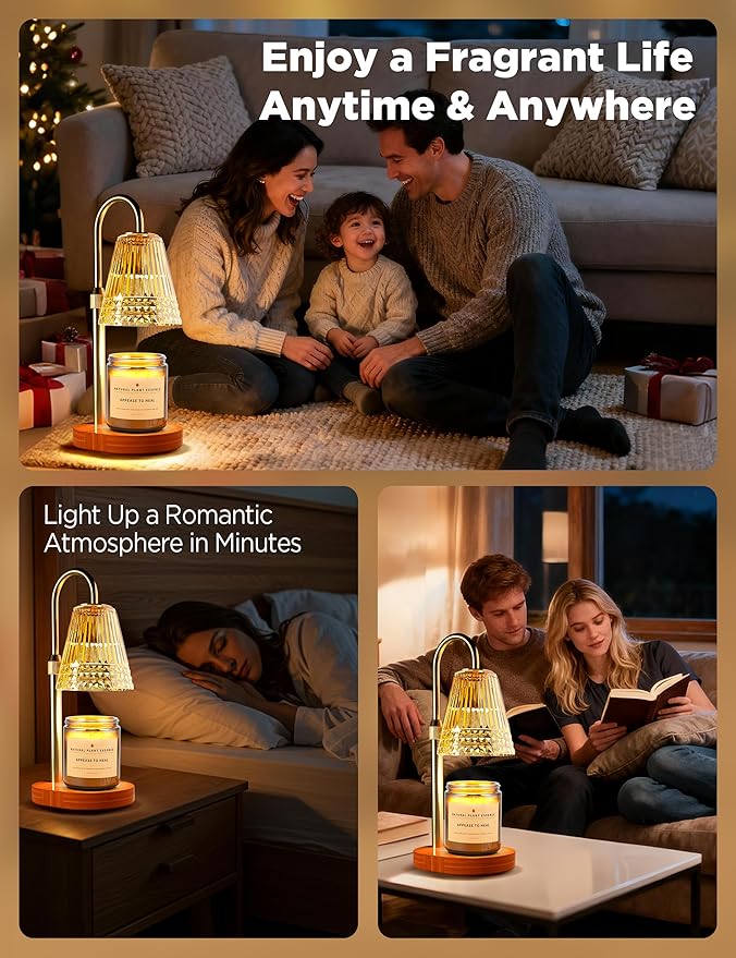TATAANTY Candle Warmer Lamp with Timer Dimmable, Height-Adjustable Candle Warmer with 2 Bulbs, Gifts for Women, Golden Shade, Wood Base