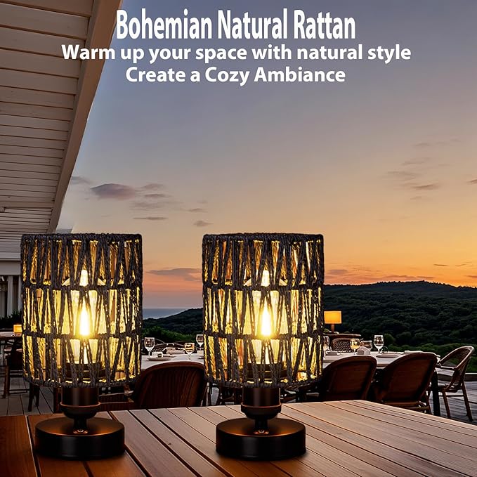 Cordless Outdoor Table Lamps, Rechargeable Rattan Boho, Dimmable Battery Operated for Patio, Home, Living Room, Bedroom, Bedside - Set of 2 (Black)