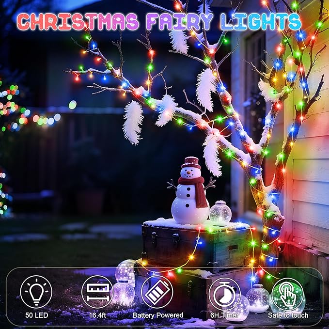 Christmas Lights Outdoor with Timer, Battery Operated Christmas Lights 16.4ft 50LED Christmas Decorations for Small Mini Christmas Tree Multicolor