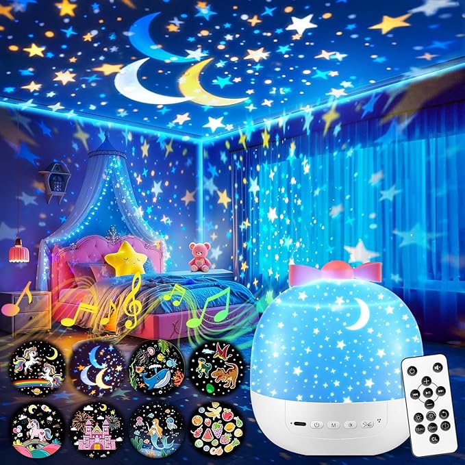 PIKOY Star Projector for Kids Gifts, 15 Films+15 Soothing Sounds Machine Baby Night Light Projector, Remote 360° Rotation Fruit Ocean Star Lights for Ceiling Decor, Kawaii Birthday Gifts Girls Toys