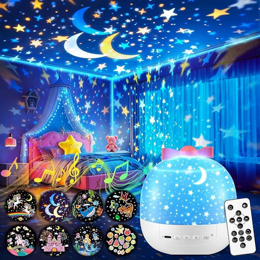 PIKOY Star Projector for Kids Gifts, 15 Films+15 Soothing Sounds Machine Baby Night Light Projector, Remote 360° Rotation Fruit Ocean Star Lights for Ceiling Decor, Kawaii Birthday Gifts Girls Toys