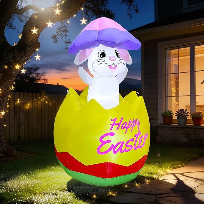Joliyoou 5FT H Easter Inflatable Outdoor Decoration, Air-Blown Bunny in Egg with Shell on Head, Blow Up Rabbit with Built-in LED Lights for Lawn Yard Garden Holiday Party Indoor Outdoor Decor
