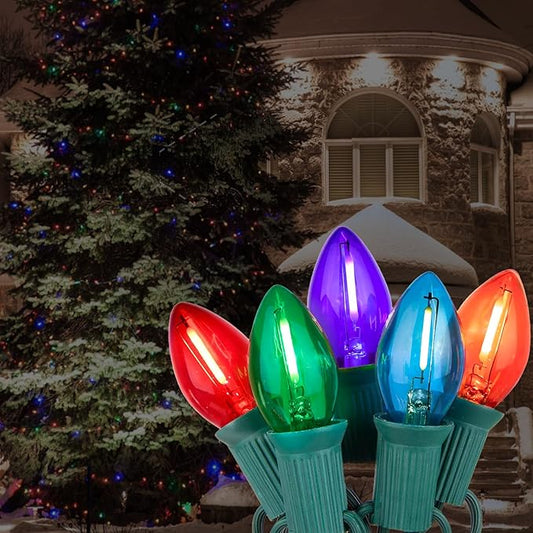 12FT C7 Multicolor Christmas Lights Outdoor, Waterproof LED Plug in String Lights with 12 Shatterproof Bulbs for Porch, Railing, Staircase, Patio, Holiday Decor