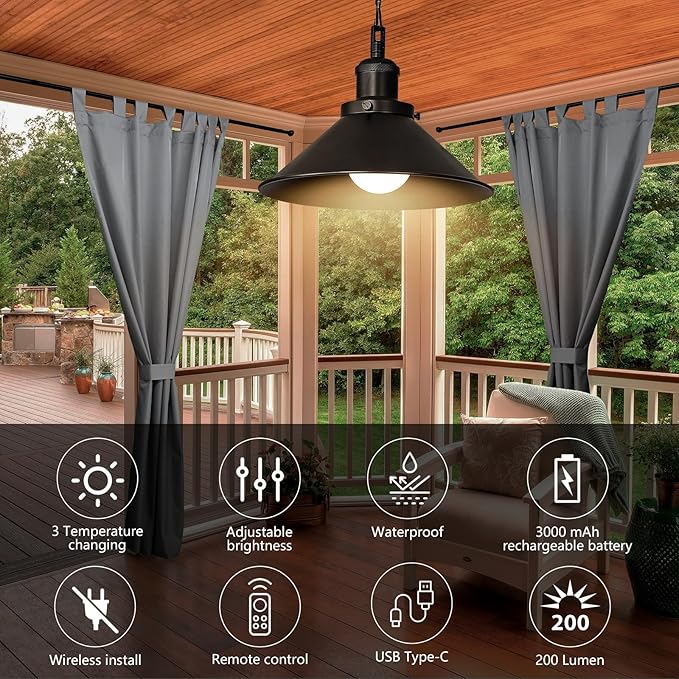 2 Pack Black Portable Battery Operated Hanging Lights, Rechargeable Wireless Outdoor Pendant Light with Remote, Battery Powered Chandelier Lantern Fixture for Indoor Outdoor Gazebo Porch Patio