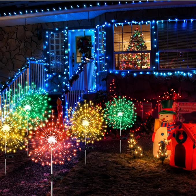 3 Pcs Mardi Gras Solar Firework Lights Solar Lights Outdoor Garden 120 LED 8 Modes Waterproof LED Sparkler Outdoor for Carnival Patio Yard Pathway Walkway (Red,Yellow,Green)