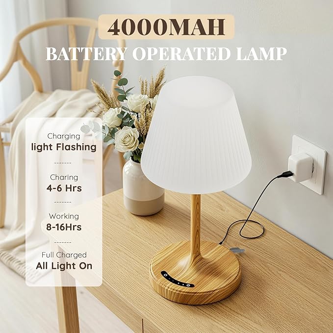 Cordless Table Lamp, Waterproof Shower Lamp, 4000mAh Rechargeable Table Lamps, 3-Color Dimmable Touch Light, Battery Operated Lamp Small Night Desk Lamp for Bathroom Kitchen Bedroom Patio (Wood Grain)