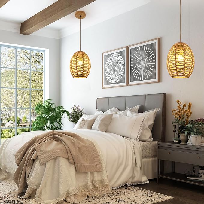 DELIPOP Pendant Light, Hand-Woven Rattan Chandelier, Boho Adjustable Hanging Lights for Living Room, Dining Room, Kitchen, Bedroom, Farmhouse