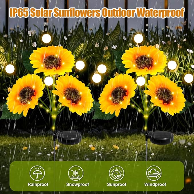 Sunflower Solar Lights Outdoor, 2 Pack Sunflowers with Firefly Lights, Waterproof Solar Flower Lights with 1000mAh Battery for Patio Porch Lawn, Gifts for Mom Women Grandma, Yard Decorations Outdoor