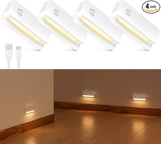 4 Pack Motion Sensor Night Light, Rechargeable Stair Lights Indoor, Warm White Motion Sensor Light Indoor, Battery Operated Night Light for Hallway, Stairway, Bathroom, Bedroom, Kitchen