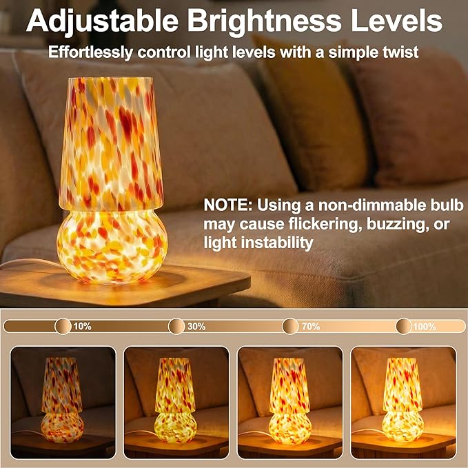 9.8 Inch Mushroom Table Lamp, UL Listed Dimmable Small Desk & Bedside Lamp with Woven Beige Cord, Handcrafted Pattern, Murano Home Decor for Bedroom, Living Room, Entryway (Pastel Confetti)