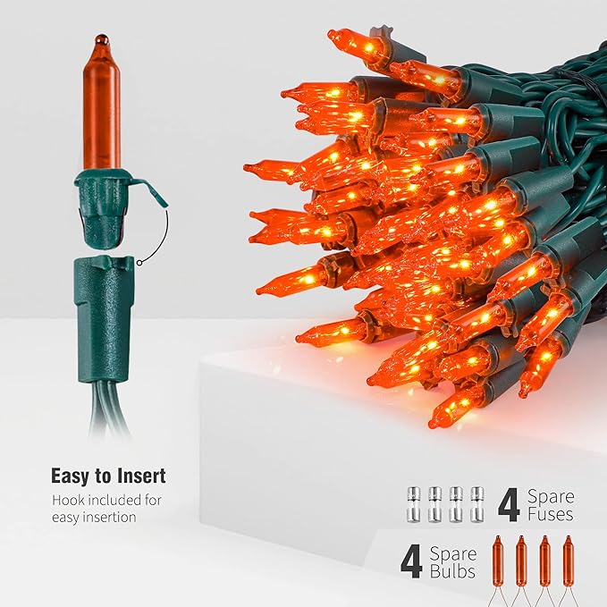 Hopolon Mini Orange Halloween Lights, 2PACk 50 Count Incandescent Christmas String Lights, 13 FT 120 V Xmas Tree Lights for Christmas,Thanksgiving, Patio, Party, Home, Indoor Outdoor Decor, Orange