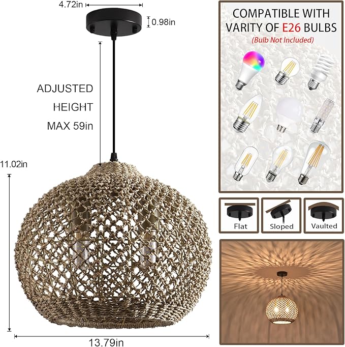 13.79" Rattan Coastal Pendant Light Fixture,Boho 2-Light Kitchen Island Ceiling Hanging Lighting Wicker Hand Woven Farmhouse Chandelier,for Bedroom, Dining Room, Entryway, Foyer