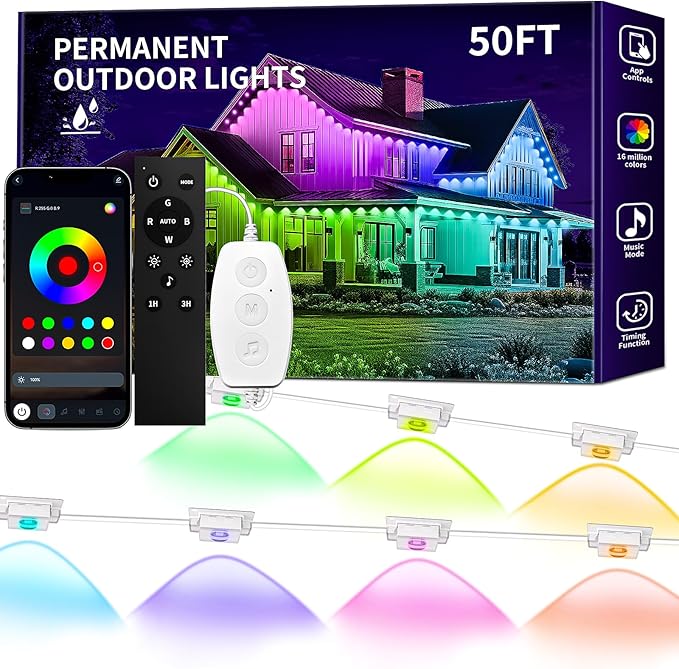 KSIPZE 50ft Permanent Outdoor Lights for House, Eaves LED Lights with App & Button Control, Smart RGB+IC 200+ Dynamic Scene Modes, IP67 Waterproof for Roof, Garden, Christmas, Party Decor