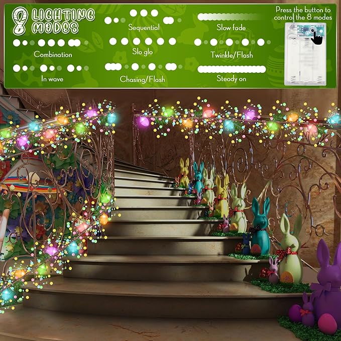 Enhon Lighted Easter Garland with 8 Lighting Modes, 15 LED Colorful Glitter Easter Egg Garland Lights Timer, Battery Operated Egg & Mixed Berry Decoration for Spring Mantle Home Fireplace Indoor Decor