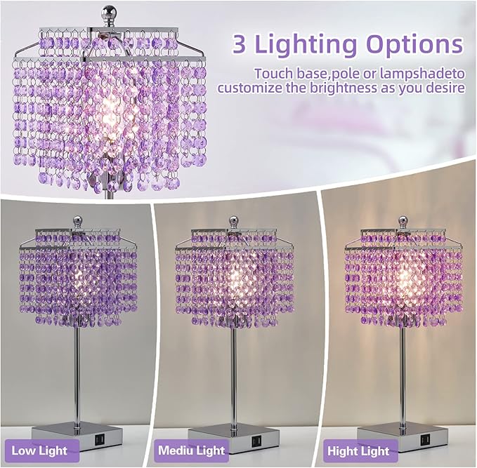 Luvkczc Purple Bedside Crystal Table Lamp Set of 2, Touch Control Lamps,Dimmable Lamp with Crystal Shade for Bedroom, Girl Living Room, 6W B11 Bulb Included