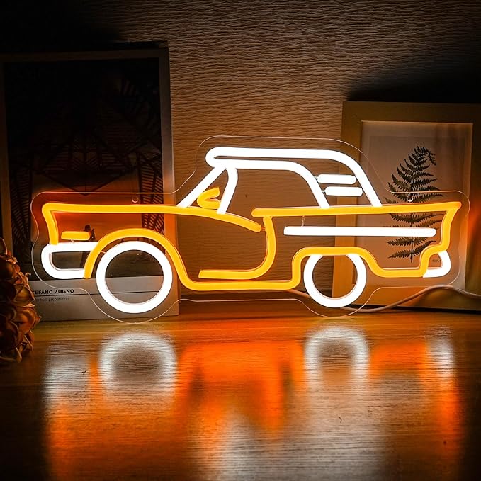 Car neon sign, Golden Yellow + White Led Signs USB Powered,For Bedroom Salon Bar Gym Garage Carpark Decor, Retro Car Led neon light sign(17.1x7.3in)