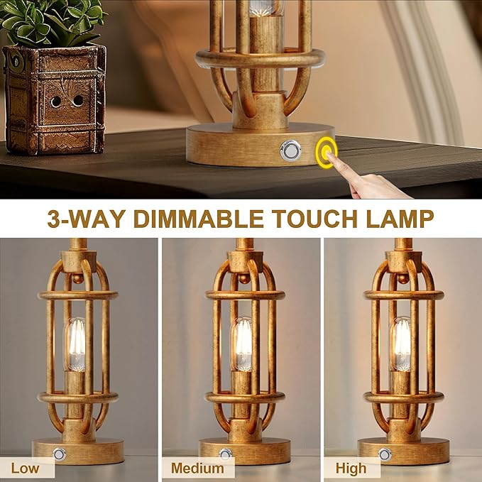 23.75'' Table Lamps Set of 2 for Living Room Bedroom Industrial Farmhouse Metal Touch Lamps with USB A+C Ports, Night Light Vintage Nightstand Bedside Lamp, Bulbs Included, Antique Gold