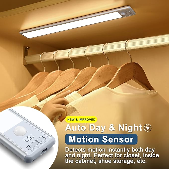 Under Cabinet Lighting, 40 LED Motion Sensor Light Indoor Rechargeable, 1800mAh Closet Lights Battery Operated for Kitchen Cabinets, Shelves, Walls (2 Pack)